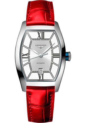 Longines Evidenza Automatic Watch - 26.00 X 30.6 mm Steel Case - Silver Roman Dial - Red Strap - L2.142.4.76.2