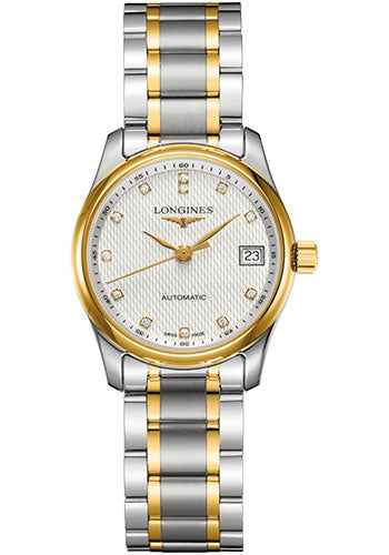 Longines Master Collection Watch - 29 mm Steel And Yellow Gold Cap 200 Case - Silver Barleycorn Diamond Dial - Bracelet - L2.257.5.77.7