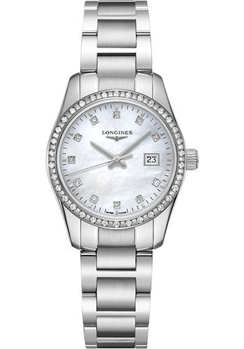 Longines Conquest Classic Quartz Watch - 29.5 mm Steel Diamond Case - White Mother-Of-Pearl Diamond Dial - Bracelet - L2.286.0.87.6