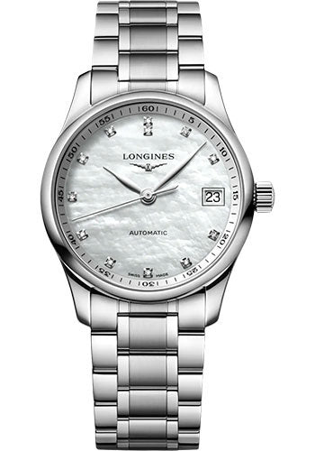 Longines Master Collection Automatic Watch - 34 mm Steel Case - White Mother-Of-Pearl Diamond Dial - Bracelet - L2.357.4.87.6
