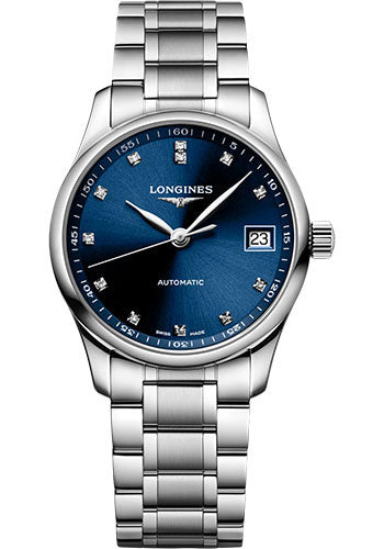 Longines Master Collection Automatic Watch - 34 mm Steel Case - Blue Diamond Dial - Bracelet - L2.357.4.97.6