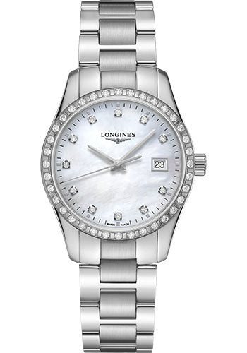 Longines Conquest Classic Quartz Watch - 34 mm Steel Diamond Case - White Mother-Of-Pearl Diamond Dial - Bracelet - L2.386.0.87.6