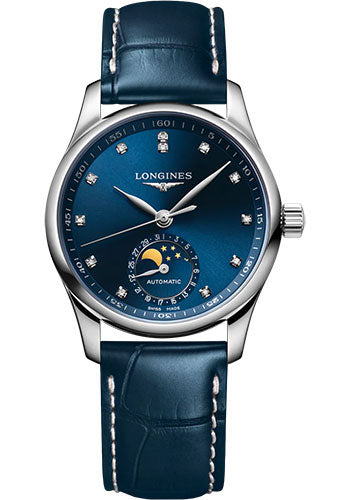 Longines Master Collection Moon Phase Automatic Watch - 34 mm Steel Case - Blue Diamond Dial - Blue Alligator Strap - L2.409.4.97.0