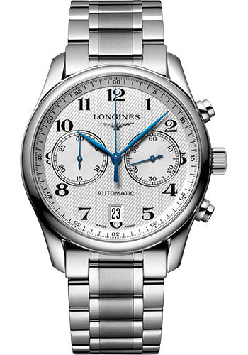 Longines Master Collection Chronograph Small Seconds Automatic Watch - 40 mm Steel Case - Silver Barleycorn Arabic Dial - Bracelet - L2.629.4.78.6