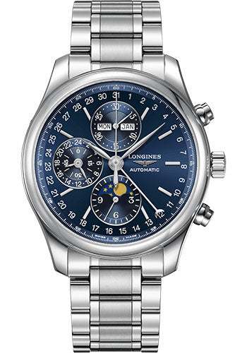 Longines Master Collection Moon Phase Chronograph Small Seconds Watch - 42 mm Steel Case - Blue Dial - Bracelet - L2.773.4.92.6