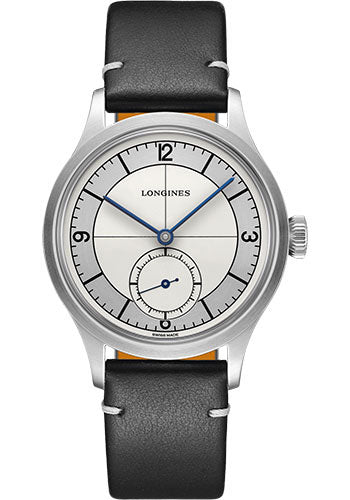 Longines Heritage Classic Small Seconds Watch - 38.5 mm Steel Case - Silver Arabic Dial - Black Leather Strap - L2.828.4.73.0