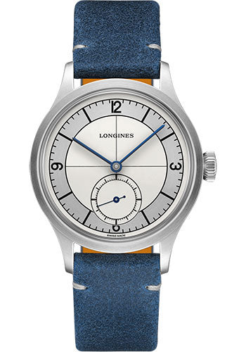 Longines Heritage Classic Small Seconds Watch - 38.5 mm Steel Case - Silver Arabic Dial - Blue Leather Strap - L2.828.4.73.2