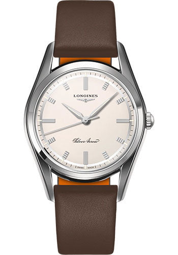 Longines Heritage Classic Silver Arrow Watch - 38.5 mm Stainless Steel Case - Silver Dial - Brown Leather Strap - L2.834.4.72.2