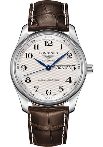 Longines Master Collection Annual Calendar Watch - 40 mm Steel Case - Silver Barleycorn Arabic Dial - Brown Alligator Strap - L2.910.4.78.3