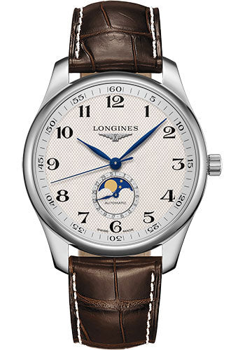 Longines Master Collection Moon Phase Watch - 42 mm Steel Case - Silver Barleycorn Arabic Dial - Brown Alligator Strap - L2.919.4.78.3