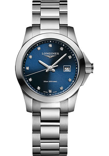 Longines Conquest Quartz Watch - 29.5 mm Steel Case - Blue Diamond Dial - Bracelet - L3.376.4.97.6