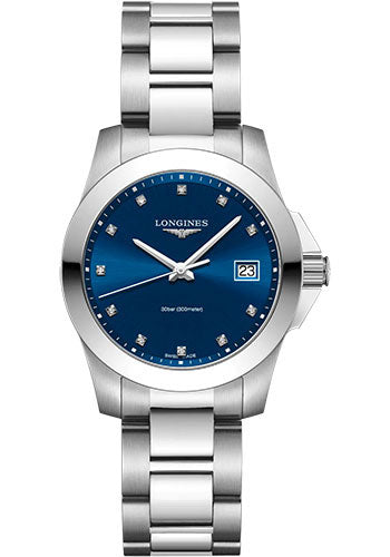 Longines Conquest Quartz Watch - 34 mm Steel Case - Blue Diamond Dial - Bracelet - L3.377.4.97.6