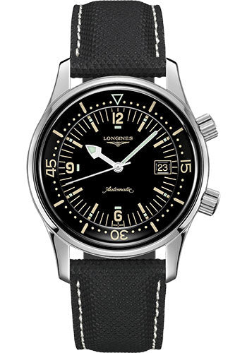 Longines Legend Diver Watch Watch - 42 mm Steel Case - Black Arabic Dial - Black Leather Strap - L3.774.4.50.0