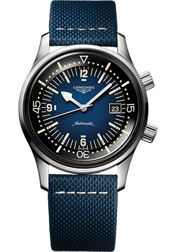 Longines Legend Diver Watch Automatic Watch - 42 mm Steel Case - Blue Arabic Dial - Blue Leather Strap - L3.774.4.90.2