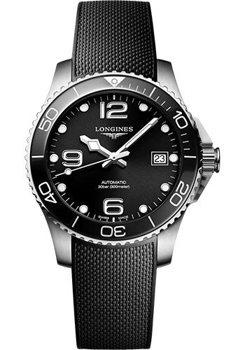 Longines HydroConquest Automatic Watch - 39 mm Steel And Ceramic Case - Black Arabic Dial - Black Rubber Strap - L3.780.4.56.9