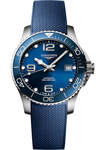 Longines HydroConquest Automatic Watch - 39 mm Steel And Ceramic Case - Blue Arabic Dial - Blue Rubber Strap - L3.780.4.96.9