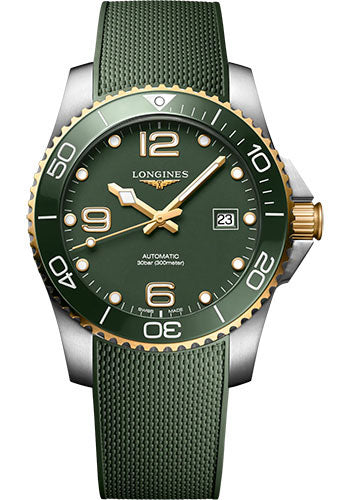 Longines HydroConquest Automatic Watch - 41 mm Steel And Ceramic Case - Green Arabic Dial - Green Rubber Strap - L3.781.3.06.9