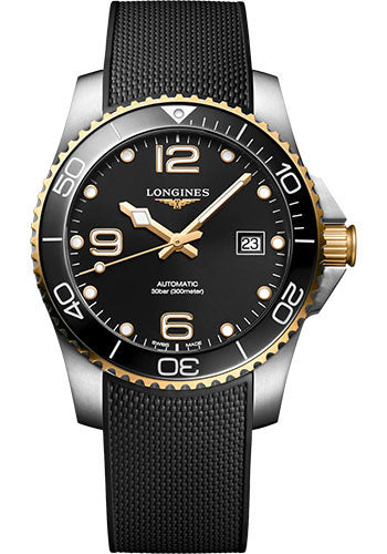 Longines HydroConquest Automatic Watch - 41 mm Steel And Ceramic Case - Black Arabic Dial - Black Rubber Strap - L3.781.3.56.9