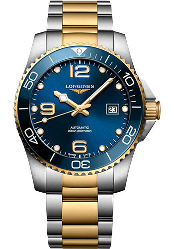 Longines HydroConquest Automatic Watch - 41 mm Steel And Ceramic Case - Blue Arabic Dial - Steel And Yellow PVD Bracelet - L3.781.3.96.7