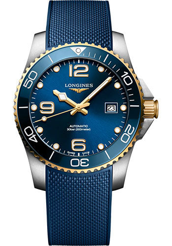 Longines HydroConquest Automatic Watch - 41 mm Steel And Ceramic Case - Blue Arabic Dial - Blue Rubber Strap - L3.781.3.96.9