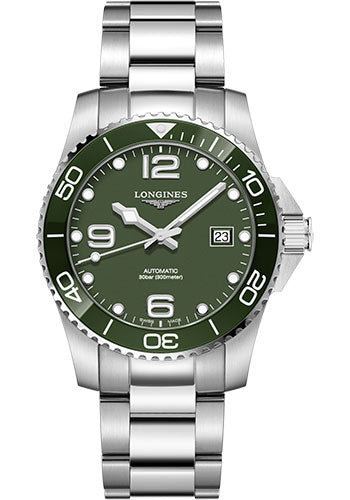 Longines HydroConquest Automatic Watch - 41 mm Steel And Ceramic Case - Green Arabic Dial - Steel Bracelet - L3.781.4.06.6