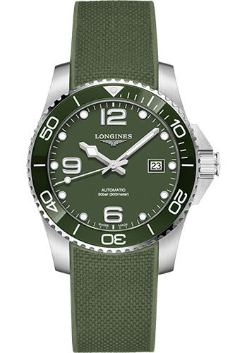 Longines HydroConquest Automatic Watch - 41 mm Steel And Ceramic Case - Green Arabic Dial - Rubber Strap - L3.781.4.06.9