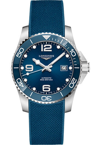 Longines HydroConquest Automatic Watch - 41 mm Steel And Ceramic Case - Blue Arabic Dial - Rubber Strap - L3.781.4.96.9
