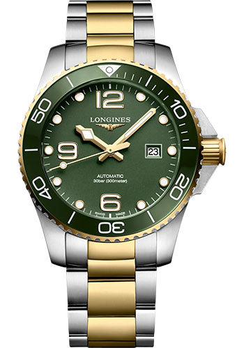 Longines HydroConquest Automatic Watch - 43 mm Steel And Ceramic Case - Green Arabic Dial - Steel And Yellow PVD Bracelet - L3.782.3.06.7