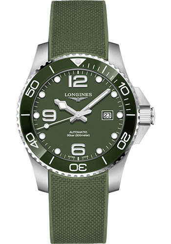 Longines HydroConquest Automatic Watch - 43 mm Steel And Ceramic Case - Green Arabic Dial - Rubber Strap - L3.782.4.06.9