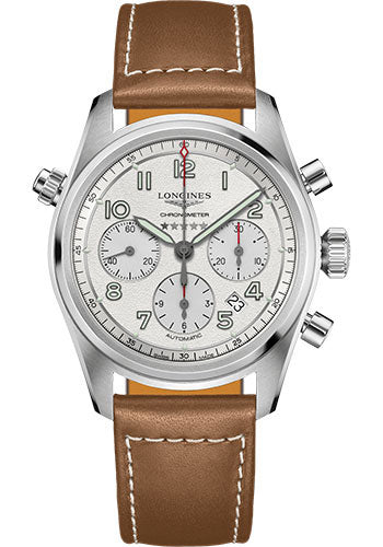 Longines Spirit Chronograph Automatic Watch - 42 mm Steel Case - Silver Arabic Dial - Brown Leather Strap - L3.820.4.73.2