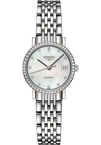 Longines Elegant Collection Automatic Watch - 25.5 mm Steel Diamond Case - White Mother-Of-Pearl Diamond Dial - Bracelet - L4.309.0.87.6