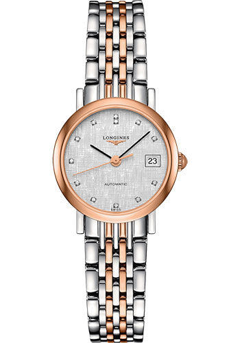Longines Elegant Collection Watch - 25.5 mm Steel And 18K Pink Gold Cap 200 Case - Striped Silver Diamond Dial - Bracelet - L4.309.5.77.7