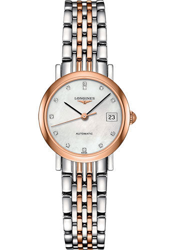 Longines Elegant Collection Watch - 25.5 mm Steel And 18K Pink Gold Cap 200 Case - White Mother-Of-Pearl Diamond Dial - Bracelet - L4.309.5.87.7