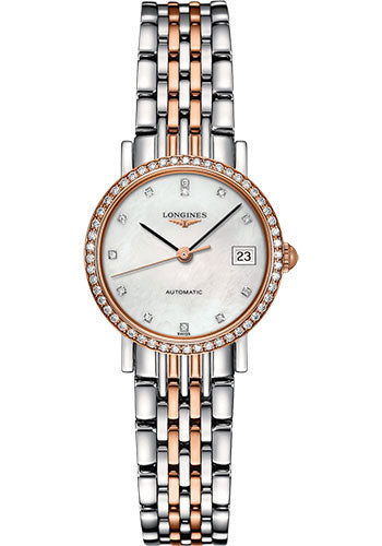 Longines Elegant Collection Watch - 25.5 mm Steel And 18K Pink Gold Diamond Case - White Mother-Of-Pearl Diamond Dial - Steel And 18K Pink Gold Cap 200 Bracelet - L4.309.5.88.7