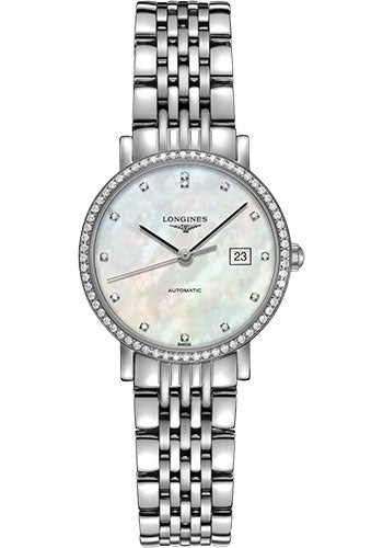 Longines Elegant Collection Automatic Watch - 29 mm Steel Diamond Case - White Mother-Of-Pearl Diamond Dial - Bracelet - L4.310.0.87.6