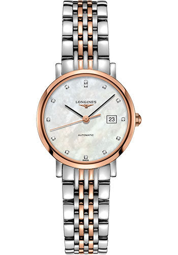 Longines Elegant Collection Watch - 29 mm Steel And 18K Pink Gold Cap 200 Case - White Mother-Of-Pearl Diamond Dial - Bracelet - L4.310.5.87.7