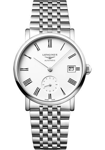 Longines Elegant Collection Small Seconds Automatic Watch - 34.5 mm Steel Case - White Roman Dial - Bracelet - L4.312.4.11.6