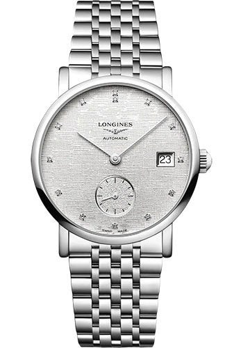 Longines Elegant Collection Small Seconds Automatic Watch - 34.5 mm Steel Case - Striped Silver Diamond Dial - Bracelet - L4.312.4.77.6