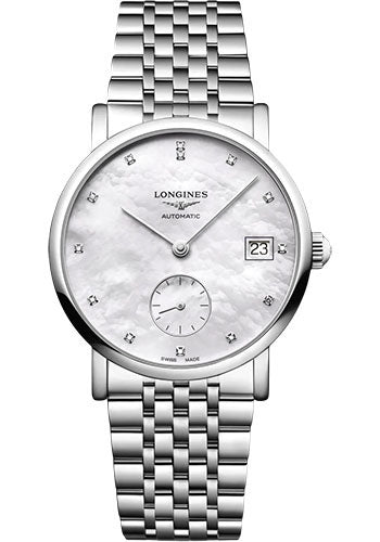 Longines Elegant Collection Small Seconds Automatic Watch - 34.5 mm Steel Case - White Mother-Of-Pearl Diamond Dial - Bracelet - L4.312.4.87.6