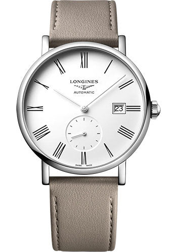 Longines Elegant Collection Small Seconds Automatic Watch - 39 mm Steel Case - White Roman Dial - Beige Strap - Vegetable Material Bracelet - L4.812.4.11.2