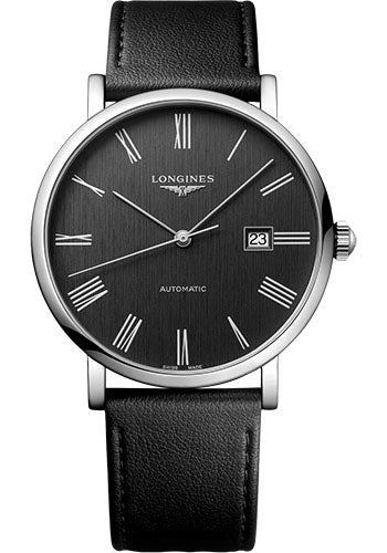 Longines Elegant Collection Automatic Watch - 41 mm Steel Case - Anthracite Roman Dial - Black Strap - Vegetable Material Bracelet - L4.911.4.71.2