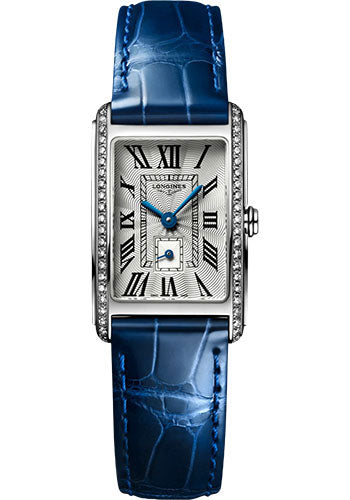 Longines DolceVita Small Seconds Quartz Watch - 20.80 X 32 mm Steel Diamond Case - Silver FlinquŽ Roman Dial - Blue Strap - L5.255.0.71.7