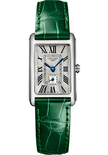 Longines DolceVita Small Seconds Quartz Watch - 20.80 X 32 mm Steel Case - Silver FlinquŽ Roman Dial - Green Strap - L5.255.4.71.A