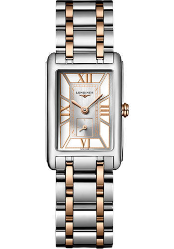 Longines DolceVita Small Seconds Quartz Watch - 20.80 X 32 mm Steel Case - White Roman Dial - Steel And Pink Gold Cap 200 Bracelet - L5.255.5.75.7