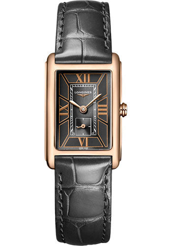 Longines DolceVita Small Seconds Quartz Watch - 20.80 X 32 mm Pink Gold Case - Black Roman Dial - Anthracite Strap - L5.255.8.75.2