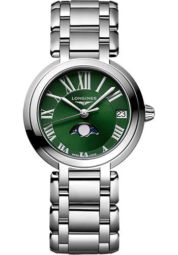 Longines PrimaLuna Moon Phase Quartz Watch - 30.5 mm Steel Case - Green Roman Dial - Bracelet - L8.115.4.61.6