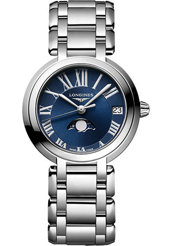 Longines PrimaLuna Moon Phase Quartz Watch - 30.5 mm Steel Case - Blue Roman Dial - Bracelet - L8.115.4.91.6