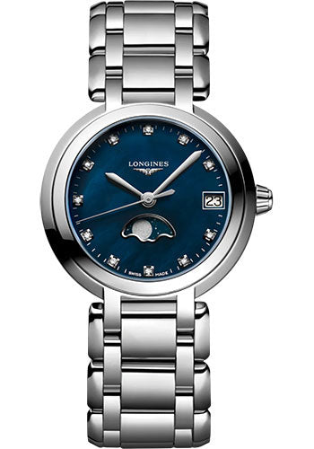 Longines PrimaLuna Moon Phase Quartz Watch - 30.5 mm Steel Case - Blue Mother-Of-Pearl Diamond Dial - Bracelet - L8.115.4.98.6