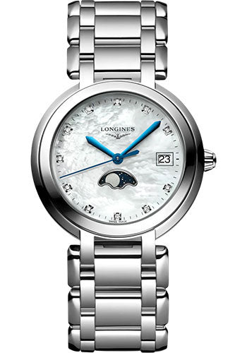 Longines PrimaLuna Moon Phase Quartz Watch - 34 mm Steel Case - White Mother-Of-Pearl Diamond Dial - Bracelet - L8.116.4.87.6