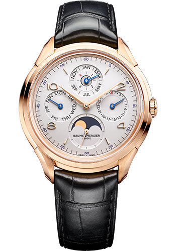 Baume & Mercier Clifton Automatic Watch - Perpetual Calendar - 42 mm 18K Pink Gold Case - Silver Dial - Black Alligator Strap